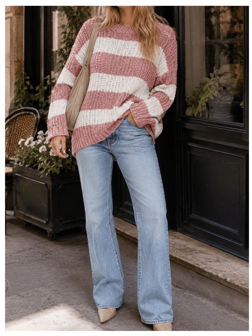 🟤NWT DOE & RAE Soft Long Sleeve Colorblock Sweater in Mauve/White